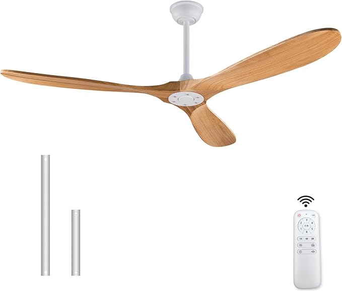 60'' Ceiling Fans Without Light, Solid Wood Ceiling Fan No Light with Remote and 3 Wood Blades,6 Speed DC Motor Indoor Outdoor Ceiling Fans for Patio, Living Room, Bedroom, Office