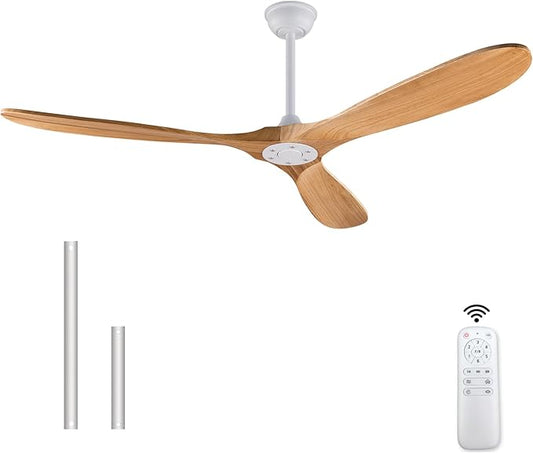 60'' Ceiling Fans Without Light, Solid Wood Ceiling Fan No Light with Remote and 3 Wood Blades,6 Speed DC Motor Indoor Outdoor Ceiling Fans for Patio, Living Room, Bedroom, Office