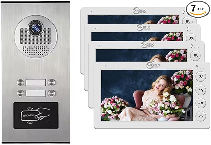 Video Apartment Intercom System,6 Units 7 inch Monitor Wired Video Door Phone Kit,Indoor Outdoor Video Doorbell,ID Keyfobs Unlock,2 Way Audio,6-Screen for Home Apartment (1 Doorbell+4 Monitor)
