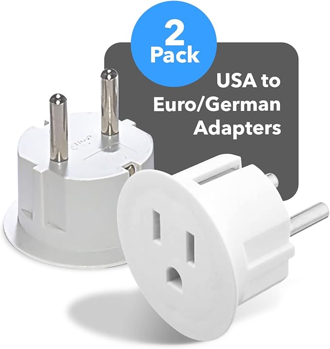 OREI American USA To European plug adapter – Type E/F schuko plug adapter - Use in Germany, France, & more - CE Certified – For Mobile, Laptop & Camera Chargers - 2 Pack