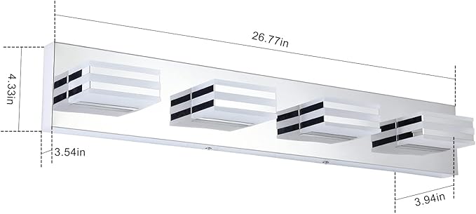 LED Vanity Lights for Bathroom 4 Light Bathroom Lamp over Vanity 27Inch Bathoom Mirror Light Fixtures Modern Bath Bar Lighting Chrome Vanity Lighting Fixtures 24W Restroom Light Fixture 6000K