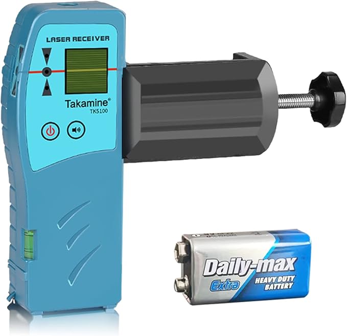 Takamine Laser Receiver for Laser Level - Green Laser and Red Beam Receiver for Pulsing Line Lasers, Three-sided Smart LED Displays, Adjustable Speaker, Two-Sided Level Bubble Bottle, Clamp Included