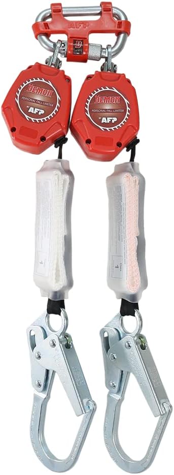 AFP Demon 6 FT Dual Leg Self-Retracting Lifeline Web Lanyard Retractable, 1.97-inch Gate Opening Steel Locking Rebar Hooks, Double Yoyo, Shock Absorber | Tower Fall Protection OSHA & ANSI Rated SRL