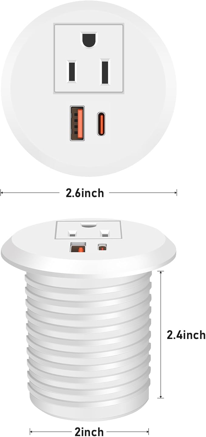 Desktop Power Grommet 2 Inch Hole, PD 30W USB C Fast Charging Station, Recessed Outlet, Ultra Thin Flat Plug Power Strip, Slim Extender, Table Outlets for Home, Office, 6ft Cord, White