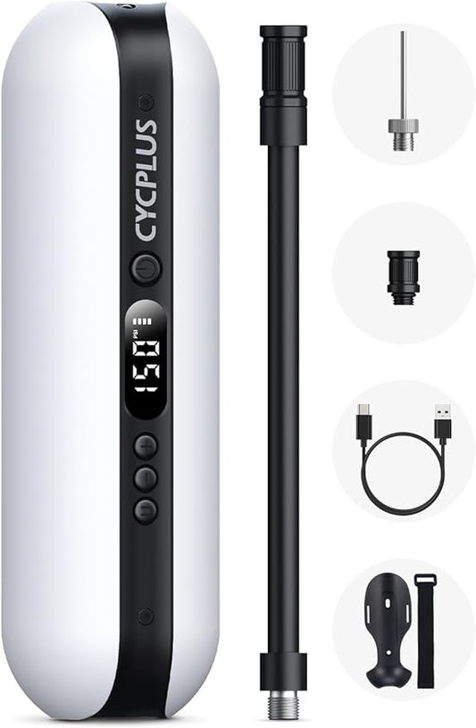 CYCPLUS Electric Air Compressor Portable Bicycle Pump Car Tire Inflator, Max 150 PSI, Auto Shut-Off Air Pump with Presta and Schrader Valves for All Bicycles Motorcycles and Cars