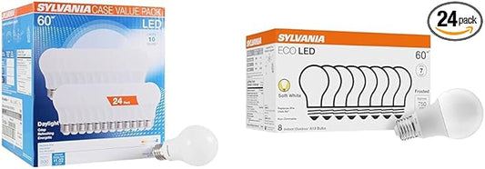 Sylvania LED A19 Light Bulb, 60W Equivalent, Efficient 8.5, 10 Year, W, 5000K, 800 Lumens, Frosted & Sylvania ECO LED Light Bulb, A19 60W Equivalent, Efficient 9W, 7 Year, 750 Lumens, 2700K