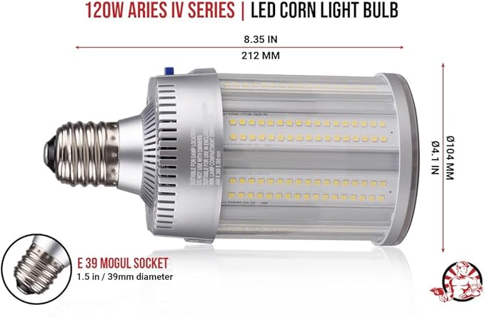 RuggedGrade Aries IV Series 120W LED Corn Light Bulb | 16,400 Lumens | 5000K | E39 Base | 277-480V High Voltage LED Bulb | DLC 5.1 Premium