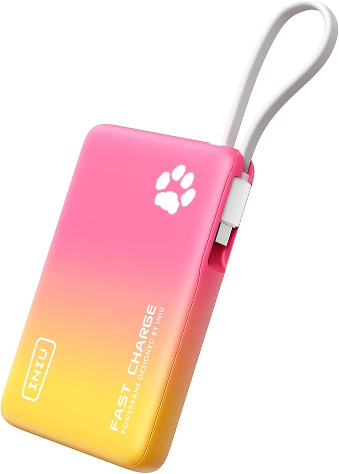 INIU PawGo Portable Charger, 45W PD 10000mAh Fast Charging Slim Power Bank, Built-in USB C Cable Battery Pack, Travel Essentials Powerbank for iPhone 16/15 Pro Max, Samsung S25/S24 etc, Sunset Burst