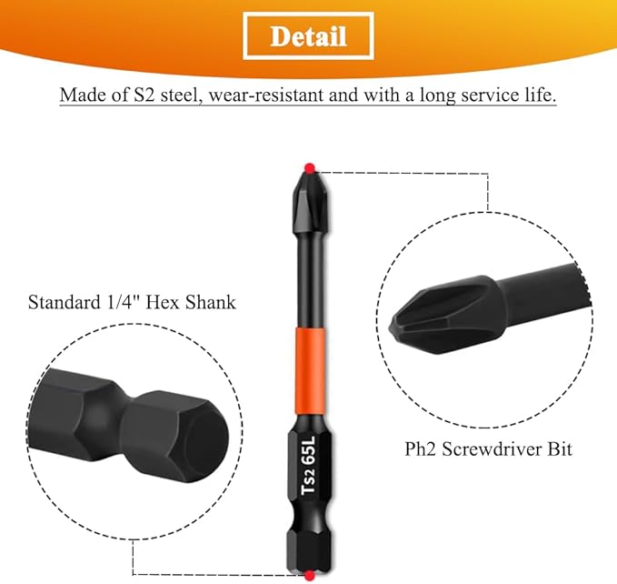 8Pcs Magnetic Phillips Screwdriver Bits with 1/4 Inch Hex Shank 2 Sets Cross Anti-Slip Screw Driver Bit PH2 Impact Driver Bit 25/65/90/150mm