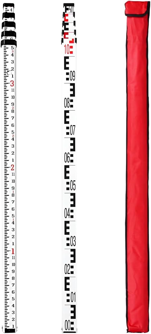 Takamine 16-Foot Aluminum Grade Rod – 8ths, Dual Sided 5-Section Telescopic Leveling Rod – Soft Carrying Case Included