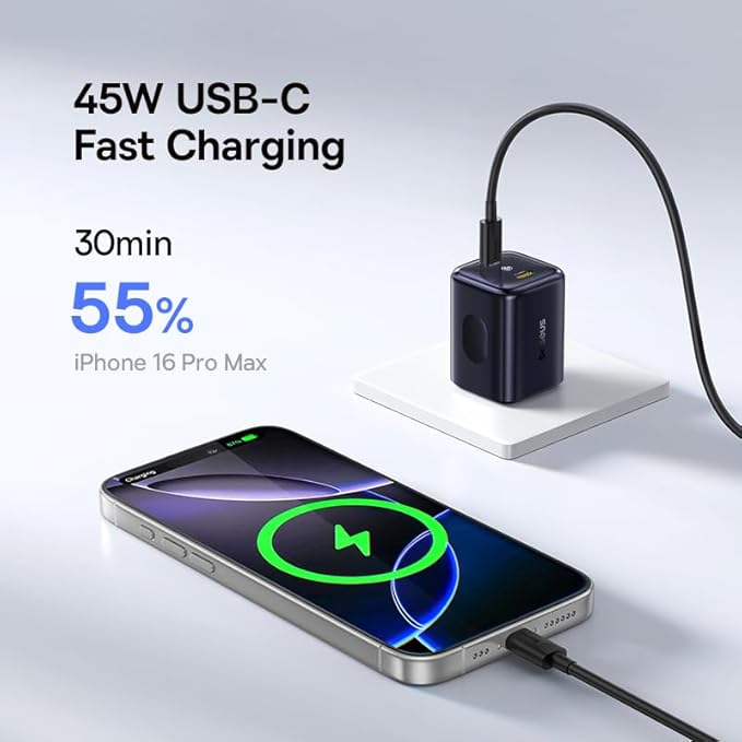 Baseus 45W USB C Charger, Dual Port PPS Fast Charging Block for iPhone 17/16/15 Series, iPad, Galaxy S25 Ultra and More Series
