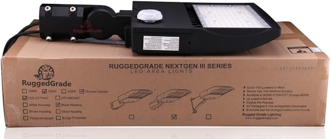 RuggedGrade with Motion Sensor - 150 Watt LED NextGen III Shoebox Light - 21,000 Lumen - 5000K Bright White - Slip Fit - Title 24 Compliant - Dusk to Dawn Capable