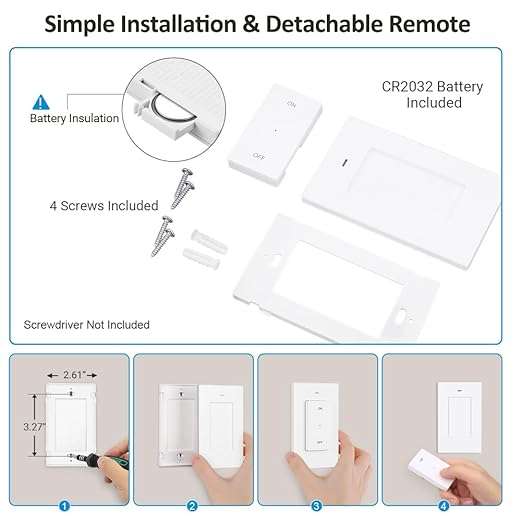 DEWENWILS Remote Control Outlet Wireless Wall Mounted Light Switch, Electrical Plug in On Off Power Switch for Lamp, No Wiring,100 Feet RF Range, FCC Listed, Programmable