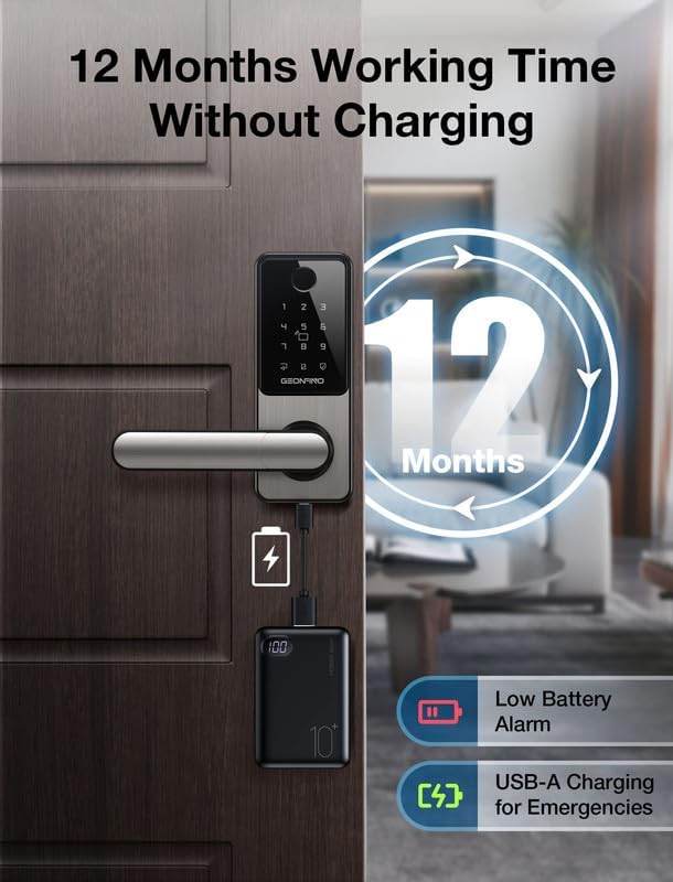 GEONFINO Smart Door Lock Keyless Entry Door Lock with Handle, Black Fingerprint Lock, Smart Deadbolt for Home, Apartment