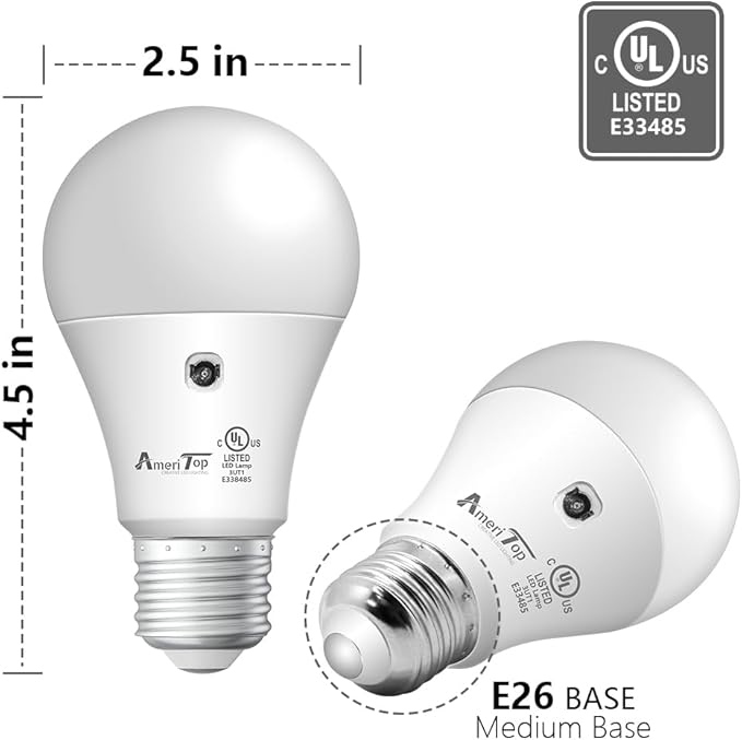 AmeriTop Dusk to Dawn Light Bulb- 2 Pack, A19 LED Sensor Light Bulbs; UL Listed, Automatic On/Off, 800 Lumen, 10W(60 Watt Equivalent), E26 Base, Indoor/Outdoor Lighting Bulb (5000K Daylight)