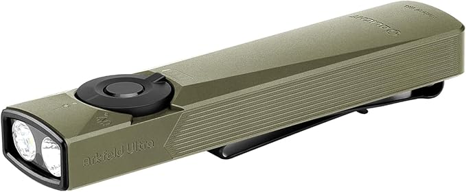 OLIGHT Arkfeld Ultra 1400 Lumens EDC Flat Flashlight, Rechargeable Compact Pocket Flash Light Combines White LED, UV and Green Beam, Triple Sources Perfect for Checking, Working (Olive-Green NW)