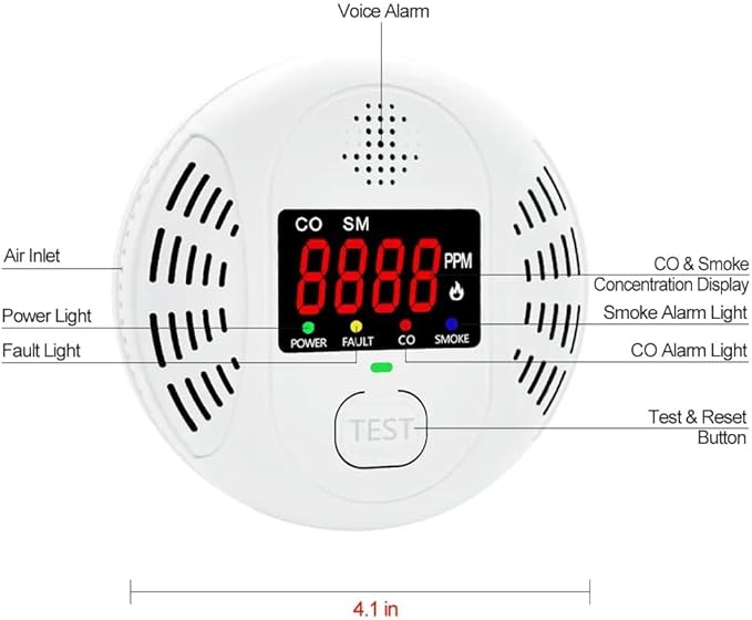 Carbon Monoxide and Smoke Detector Equipped with LCD Display, Battery Powered, Dual Sensor Alarm, 85dB Voice Alarm and Real-time CO Tracking, Suitable for Home/Kitchen/Bedroom/RV 1-Pack