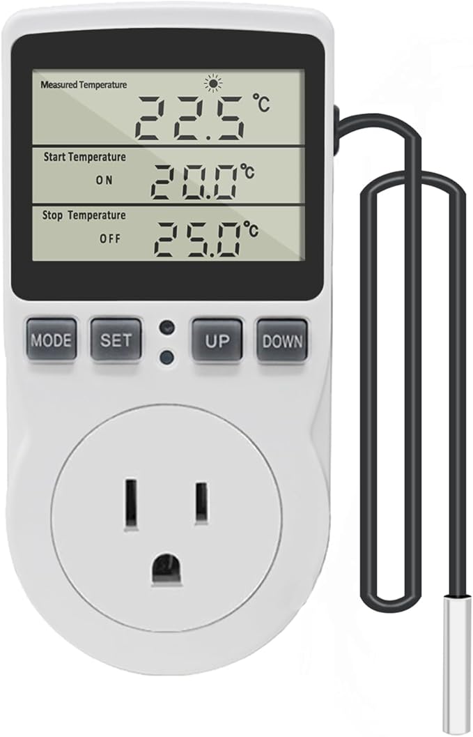 Digital Thermostat Outlet Plug Temperature Controller Outlet Socket 120V Heating Cooling Control 110V 15A Celsius Fahrenheit Display White