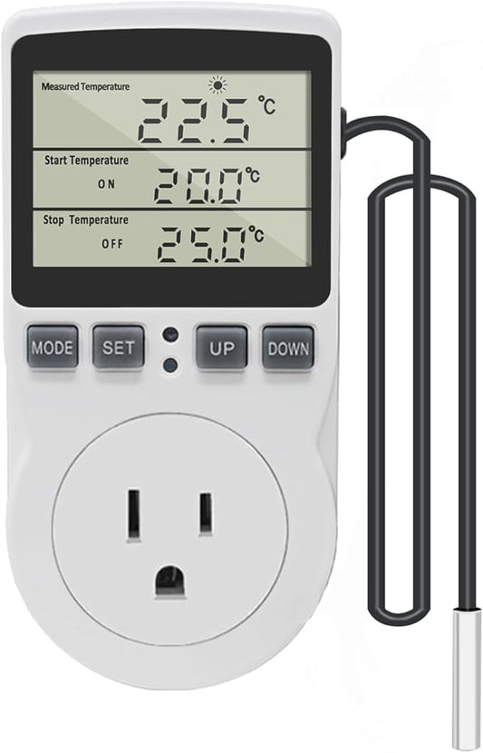Digital Thermostat Outlet Plug Temperature Controller Outlet Socket 120V Heating Cooling Control 110V 15A Celsius Fahrenheit Display White