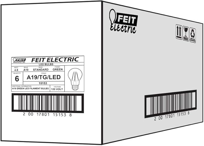 Feit Electric A19/TG/LED/6 25W Equivalent Dimmable Clear Glass Filament Colored LED Light Bulbs, Green, 6-Pack, 2.4" D x 4" H