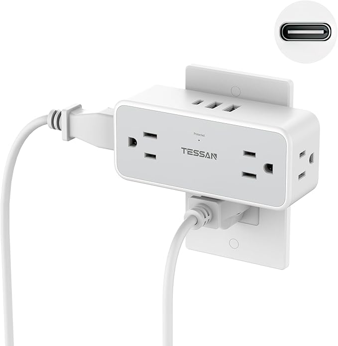 Multi Plug Outlet Splitter, TESSAN 4 Wall Outlet Extender with 3 USB Wall Charger(1 USB C), Surge Protecter 900J, Widely Spaced Multiple Plug Expander