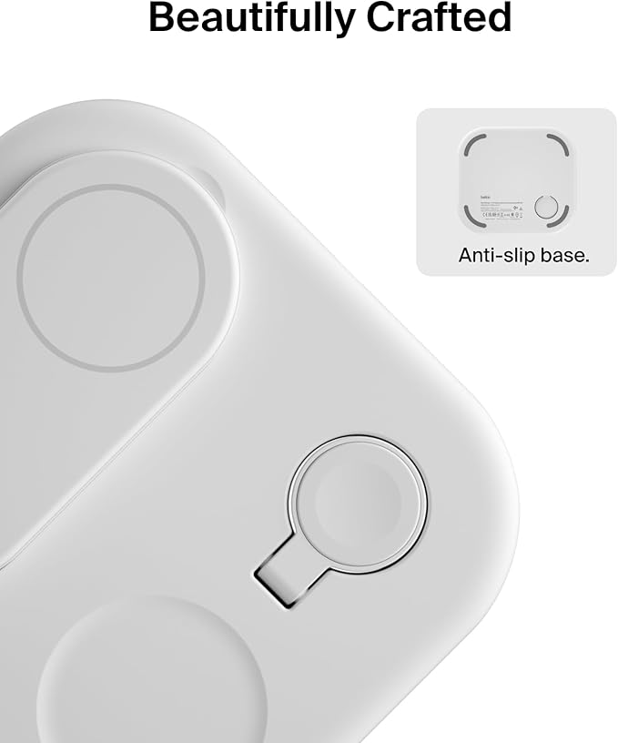 Belkin 3-in-1 MagSafe-Compatible iPhone Charger 15W, Foldable Magnetic Qi2-Certified Wireless Charging Station for iPhone 16, Apple Watch Series 10, AirPods 4, and More, w/Non-Slip Base & PSU - White