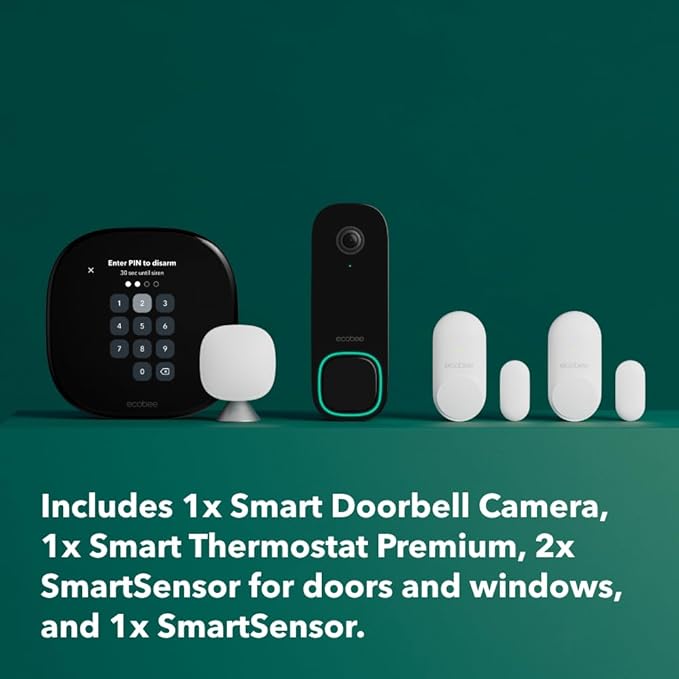 ecobee Total Security and Savings Bundle with Smart Doorbell Camera (Wired), SmartSensor for Doors and Windows, and Smart Thermostat Premium