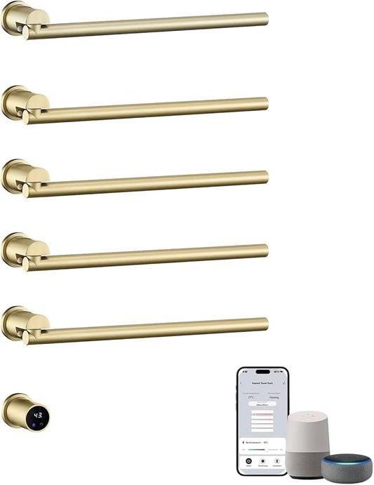 Heated Towel Rack Concealed Smart, 93W Swivel Electric Towel Warmer for Bathroom, Built-in Modular Electric Towel Rack with Timer, Thermostat, LED Display, APP, 5 Bars 180° Rotation, Hardwired, Gold