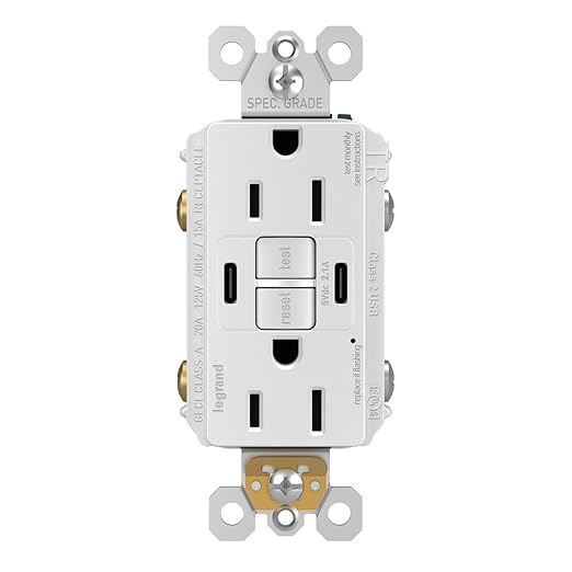 Legrand Radiant 1597TRUSBCCW 15 Amp GFCI Self Test Tamper Resistant Decorator Duplex Outlet with USB Type C, White with Screwless Wall Plate (1 Count)