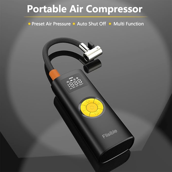 Air Compressor Portable Tire Inflator, 9000mAh Electric Air Pump, 150PSI Bike Pump Cordless Fast Inflate with Pressure Gauge & LED Light & LCD Display for Cars, Bikes, Balls, Motorcycles,Yellow