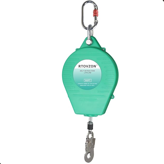 66FT Self Retracting Lifeline RTOVZON Fall Arrest Fall Protection Steel Wire Rope Heavy Duty Retractable Lanyard, Roofing Lifeline, SRL, Safety Lanyard