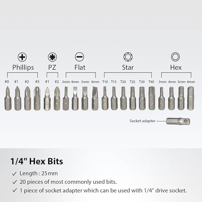 FIRSTINFO H5199A Screwdriver Bit Set | S2 Alloy Steel | 1/4" Hex Head 25mm Long, 21 Pieces with Phillips, Hex, Star, Flat
