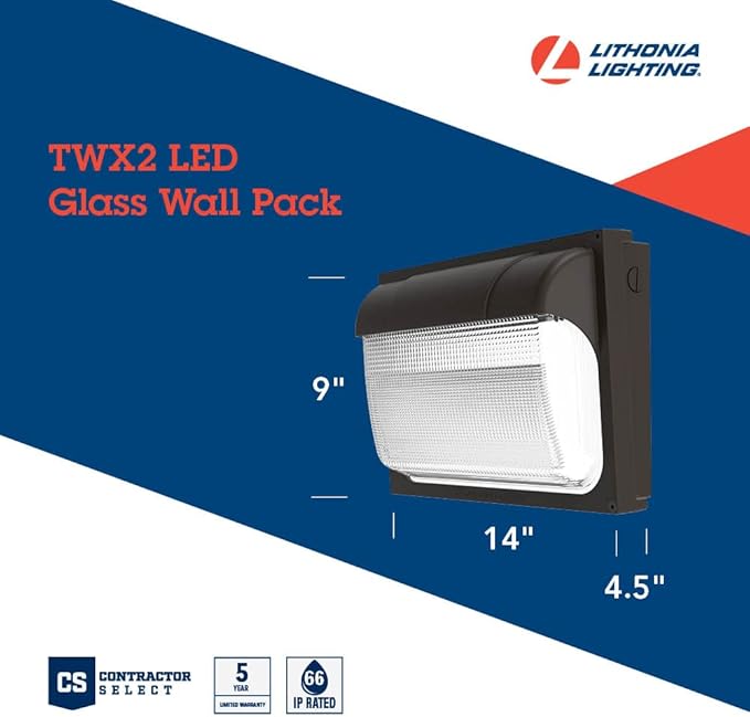 Lithonia Lighting 13" LED Wall Pack Outdoor Light Fixture, Building Wall Light, Adjustable Lumens, 4000K Cool White, MVOLT 120-277V, IP65, Glass Lens, Bronze (TWX2 LED ALO 40K MVOLT DDBTXD)