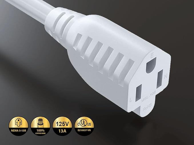 CableLeader Ultra Low Profile Power Extension Cord Cable NEMA 5-15P to NEMA 5-15R, UL Listed (Light White Gray, 3ft)