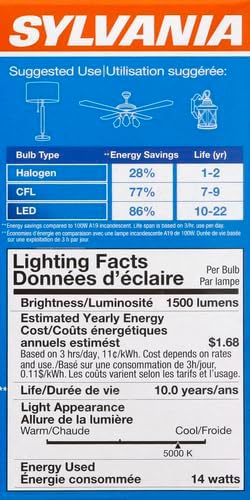 SYLVANIA LED A19 Light Bulb, 100W Equivalent, Efficient 14W, 1500 Lumens, Frosted Finish, Daylight - 4 Pack (78103)