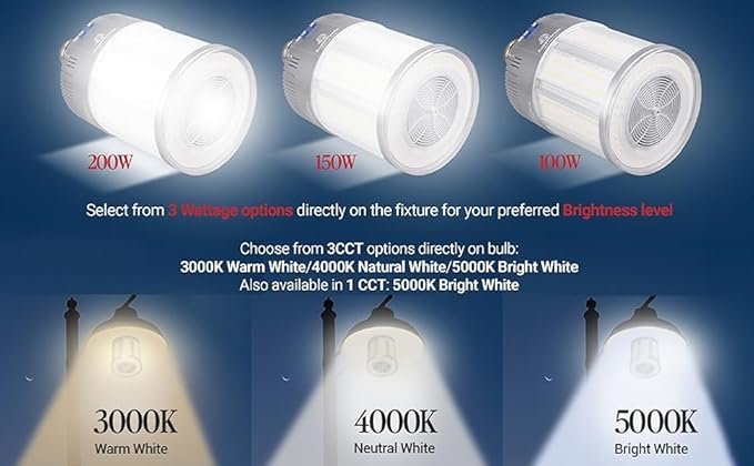 RuggedGrade Aries IV CS Series 200W LED Corn Bulb | Wattage Selectable | 29,000 Lumens | Color Selectable 3000K/4000K/5000K | E39 Base | DLC 5.1 Premium