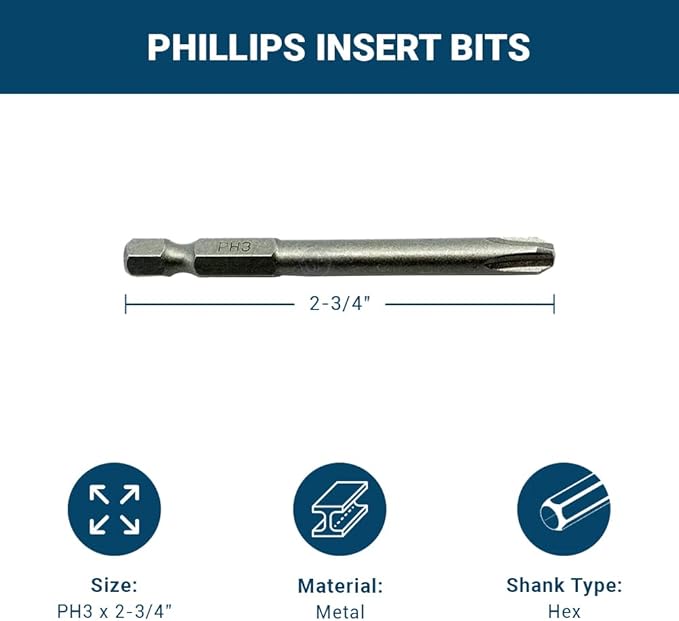 Benchmark Abrasives 1/4 Inch Hex Anti Slip Phillips Insert Screw Head Screwdriver Bits, Rotary Drill Bits for Repairing Electronics, Automotive Parts, Furniture (50 Pack) - (PH3 x 2-3/4")