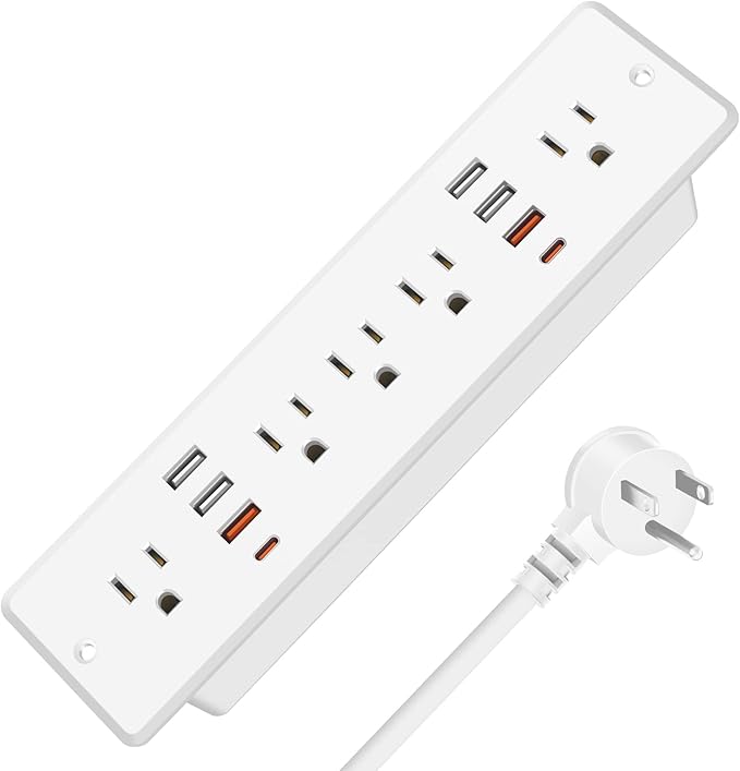 HHSOET 13 in 1 Recessed Power Strip Flat Plug, Fast Charging Desk Outlet with USB, Conference Recessed Power Outlet Socket with 5 AC Plugs, 6 USB Ports 2 USB-C, 6ft Power Cord. (White)
