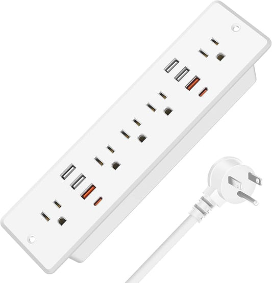 HHSOET 13 in 1 Recessed Power Strip Flat Plug, Fast Charging Desk Outlet with USB, Conference Recessed Power Outlet Socket with 5 AC Plugs, 6 USB Ports 2 USB-C, 6ft Power Cord. (White)