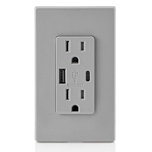 Leviton T5633-GY Type A & Type-C USB In-Wall Charger with 15A Tamper-Resistant Outlet, USB Charger for Smartphones and Tablets. Not for Laptops, Gray