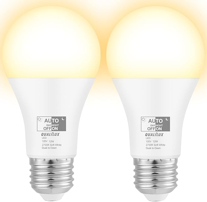 Dusk to Dawn Light Bulbs 1000 Lumen, Soft White, LED 12W, A19 E26, 2-Pack, HQ-H021