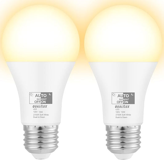 Dusk to Dawn Light Bulbs 1000 Lumen, Soft White, LED 12W, A19 E26, 2-Pack, HQ-H021