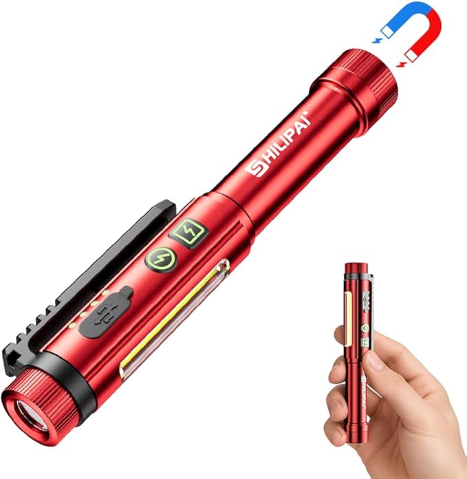 Magnetic Rechargeable Pen Light - 600 Lumen Dimmable EDC Flashlight, IPX4 Waterproof Work Light with Clip & COB LED for Mechanics, Nurses, Emergency (Red)