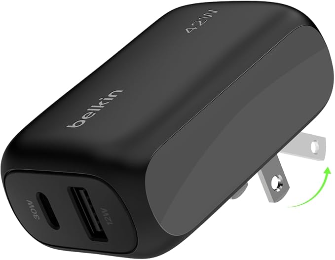 Belkin Dual Port Charger Block 42W, USB-C + USB-A Charger Super Fast Charging - Samsung Galaxy S25, Apple iPhone 16, 15, 14, 13, Pro, Pro Max, iPad, AirPods, Nintendo Switch 2 & More - Black