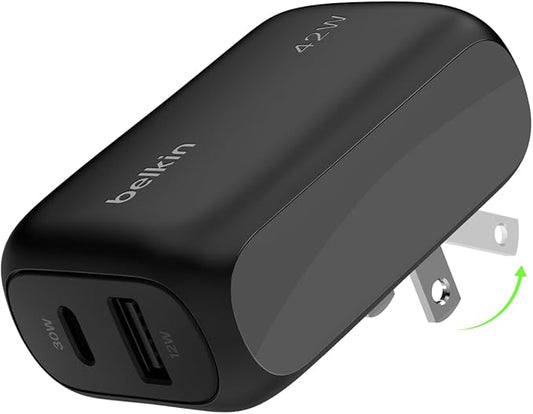 Belkin Dual Port Charger Block 42W, USB-C + USB-A Charger Super Fast Charging - Samsung Galaxy S25, Apple iPhone 16, 15, 14, 13, Pro, Pro Max, iPad, AirPods, Nintendo Switch 2 & More - Black