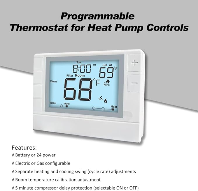Super Programmable Thermostat for Home，2 Heat/1 Cool Heat Pump Or 1 Heat/1 Cool Conventional Systems, White Backlight