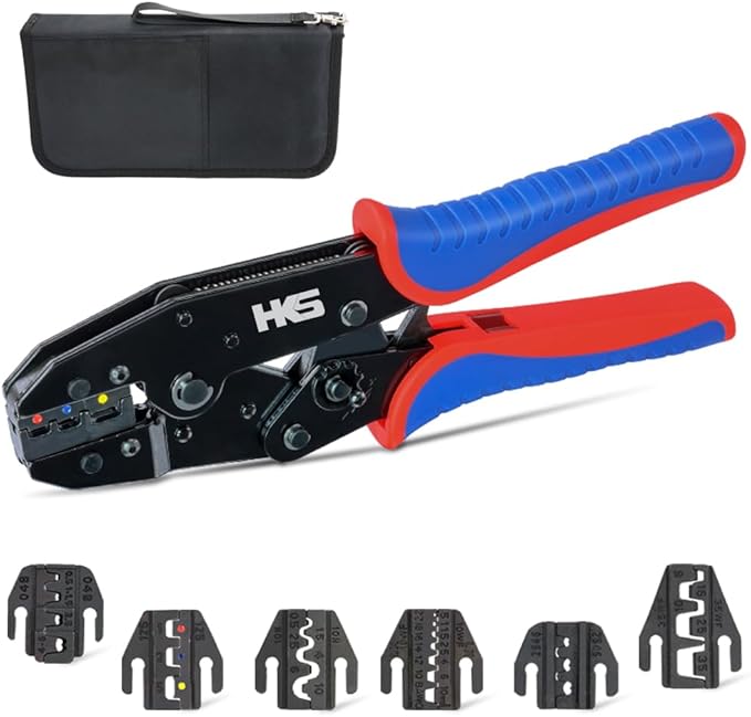 HKS Ratcheting Crimping Tool Set 8 PCS - Quick Exchange Jaw for Heat Shrink Terminals, Non-Insulated, Open Barrel, Solar Conncetors, Insulated and Non-Insulated Ferrules AWG 20-2