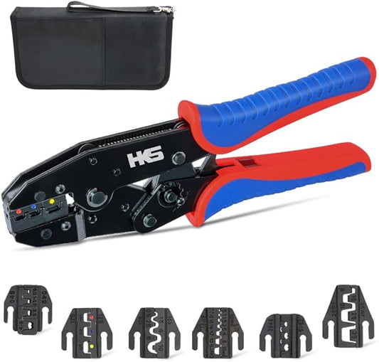 HKS Ratcheting Crimping Tool Set 8 PCS - Quick Exchange Jaw for Heat Shrink Terminals, Non-Insulated, Open Barrel, Solar Conncetors, Insulated and Non-Insulated Ferrules AWG 20-2