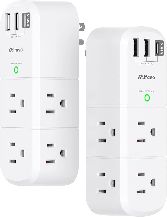 Surge Protector USB Outlet Extender, 6 AC Multi Plug Outlet and 3 USB Ports (1 USB C), 3-Sided Swivel Power Strip Outlet Splitter for Home, Dorm Room Essentials (2 Pack)