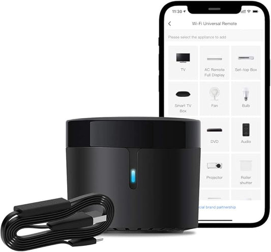 BroadLink RM4 Mini Smart Remote and Sensor Cable Set RM4 Mini S (2.4 GHz Wi-Fi Only), Universal IR Remote Control Hub with Temperature Humidity Monitor USB Cable, Works with Alexa